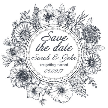 Save the date card with hand drawn flowers, leaves and branches