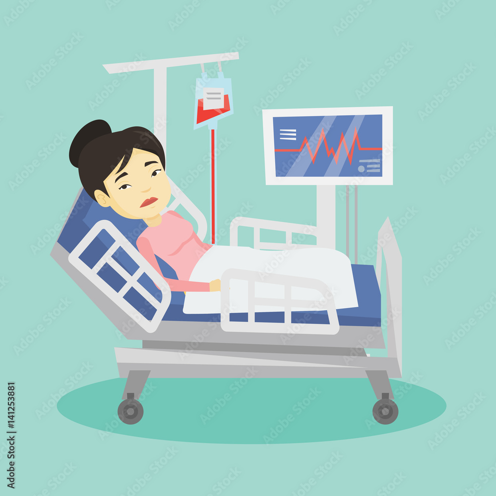 Poster woman lying in hospital bed vector illustration.