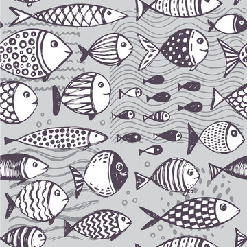 Seamless pattern with hand drawn funny fishes in sketch style.