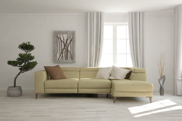 White modern room with sofa. Scandinavian interior design. 3D illustration
