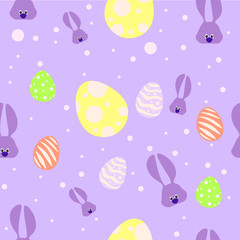 Seamless easter pattern with violet rabbits and colored and painted eggs