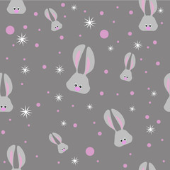 Seamless easter pattern with gray rabbits and stars on dark gray background