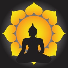 Sitting Buddha silhouette over sun background. Vector illustration. Vintage decorative composition. Indian, Buddhism, Spiritual motifs. Tattoo, yoga, spirituality.