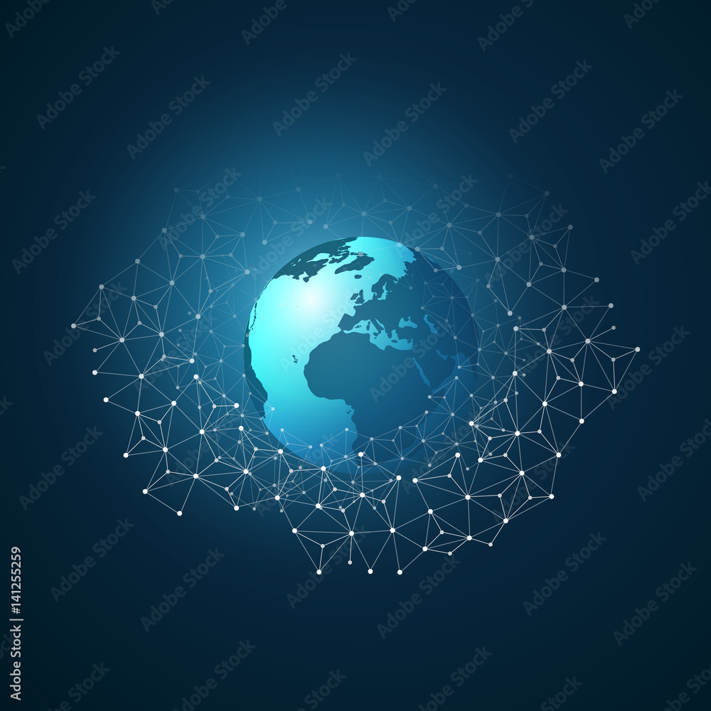 Poster cloud computing and networks with globe - abstract global digital network connections, technology co