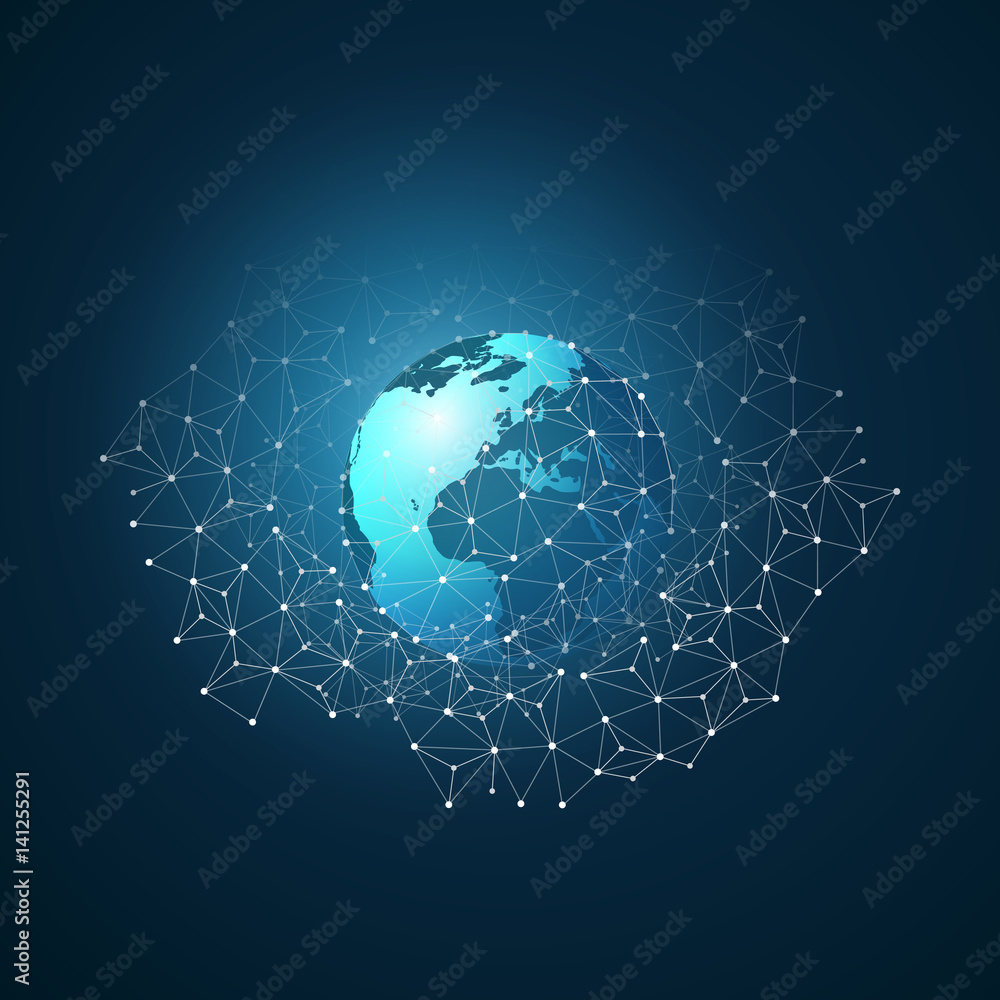 Poster cloud computing and networks with globe - abstract global digital network connections, technology co