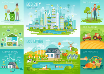 Eco set, recycling, planting trees, energy saving, eco farming themes.