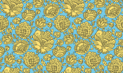 Folk-style floral decorative seamless pattern inspired by Ukraine traditional embroidery. Two-color abstract flowers surface design for fabric, wrapping paper, print, background, wallpaper.