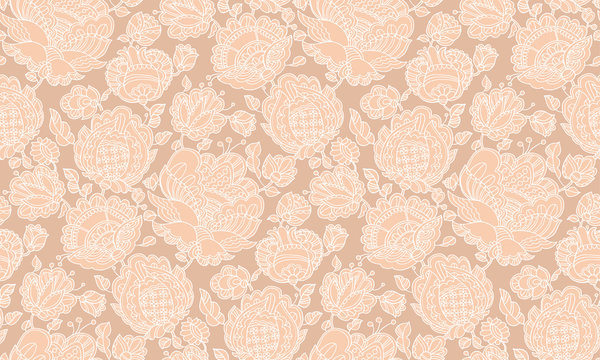 Pale color floral decorative seamless pattern inspired by Ukraine traditional embroidery. Two-color abstract flowers surface design for fabric, wrapping paper, print, background, wallpaper.