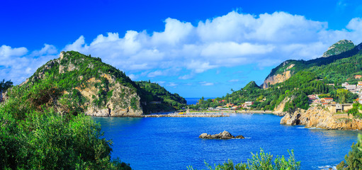 Beautiful summer panoramic seascape. View of the coastline into the sea bays with crystal clear...