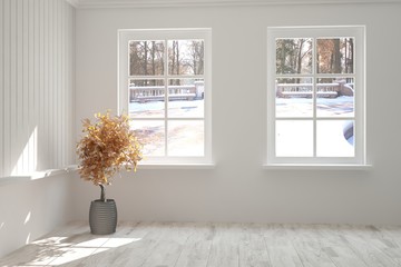 White empty room with winter landscape in window. Scandinavian interior design. 3D illustration