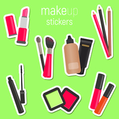 A set of stickers with cosmetics. A set of stickers with tools for professional make-up: lipstick, mascara, eyeshadow and cosmetic brush.