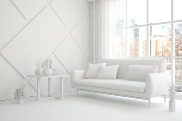 White room with sofa and winter landscape in window. Scandinavian interior design. 3D illustration