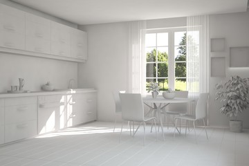 White kitchen with green landscape in window. Scandinavian interior design. 3D illustration