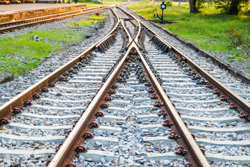 Fototapeta premium Railway railroad tracks for train public transport
