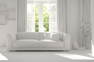 White room with sofa and green landscape in window. Scandinavian interior design. 3D illustration