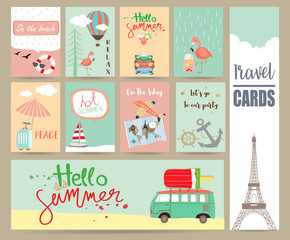 Travel collection for banners,Flyers,Placards with eiffel tower,luggage,map,airplane,flamingo,bus,ship,balloon and van in summer