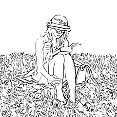 Fototapeta na wymiar Girl sitting in grass and reading a book, vector sketch, illustration in black and white