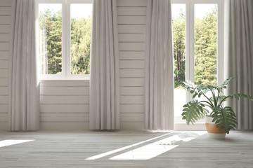 White empty room with green landscape in window. Scandinavian interior design. 3D illustration
