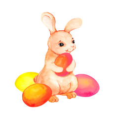 Easter bunny with colored eggs. Watercolor