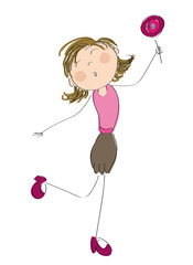 Happy woman with lollypop - original hand drawn illustration