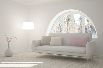 White room with sofa and winter landscape in window. Scandinavian interior design. 3D illustration