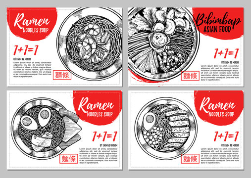 Hand drawn vector illustration. Brochures with illustrations of Asian food. Ramen and bibimbap. Perfect for restaurant brochure, cafe flyer, delivery menu. Ready-to-use design templates