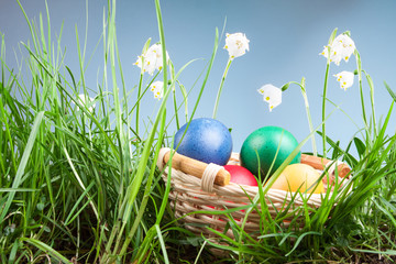 spring snowflake in the grass and Easter eggs