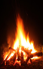 Flame of a campfire fire at night