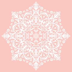 Oriental vector round white pattern with arabesques and floral elements. Traditional classic ornament. Vintage pattern with arabesques