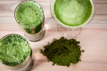 Young barley and chlorella spirulina. Detox superfood.