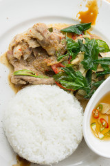 Grilled pork basil with Fried egg , stir basil with crispy pork , Kind of favarite Traditional Thai foods