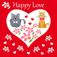 card decorated with cats, flowers, hearts, greeting text, Happy Valentine's Day, the theme of love
