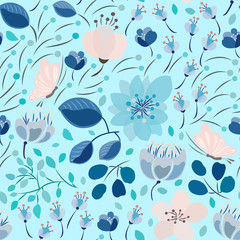 Seamless pattern with abstract flowers and leaves in blue, pale blue and pink shades on a blue background