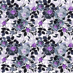 Seamless pattern with abstract flowers in gray, purple, black and white colors.