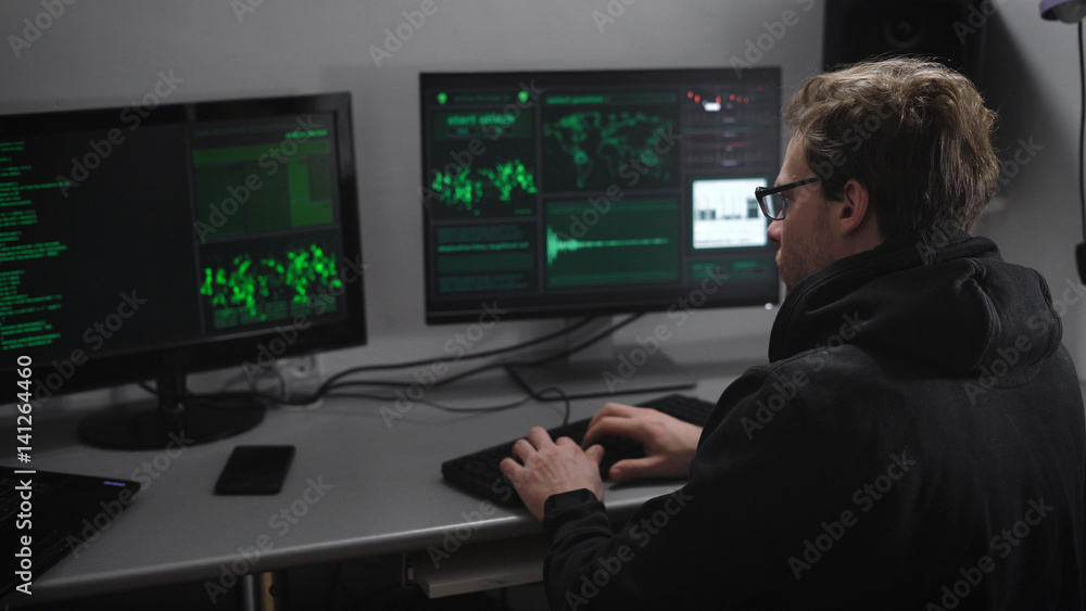Poster the underground organization. the hacker tries to break into critical information. on two computers 