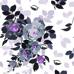 Seamless pattern with flowers in black and purple colors on a white background.