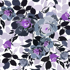 Seamless pattern with flowers in gray, purple, white and black colors