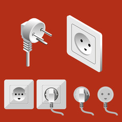 Illustration isometric electric switches and sockets set on red background