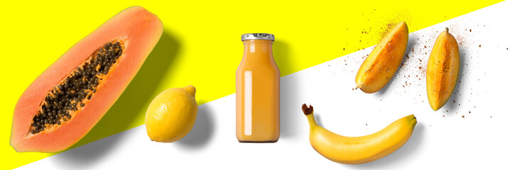 summer fresh drink in glass bottle on yellow and white background - Banner