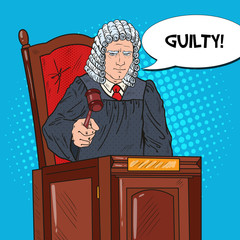 Pop Art Senior Judge in Courthouse Striking the Gavel. Law and Judical System. Vector illustration