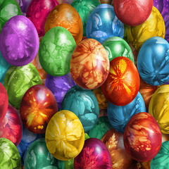 Bunch of Colorful Easter Eggs Decorated with Leaves Imprints