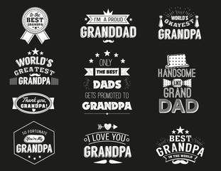 Isolated Grandfathers quotes on the black background. Grandpa congratulation label, badge vector collection. Granddads Mustache, hat, stars elements for your design.