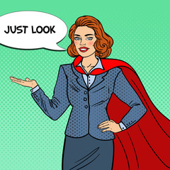 Pop Art Smiling Super Businesswoman in Red Cape Pointing on Copy Space. Presentation. Vector illustration