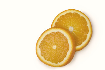 two slices orange with path isolated on white background with shadow