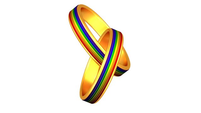 Concept: Gay marriage. Wedding rings turn around. Loopable. Luma matte. 3D rendering.