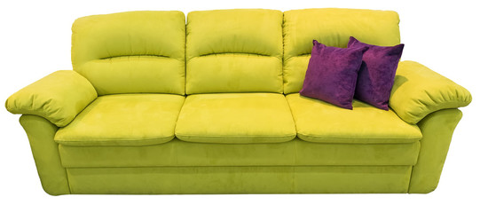 Green lime sofa with pillow. Soft lemon couch. Classic pistachio divan on isolated background. Velvet velor yellow leather fabric sofa