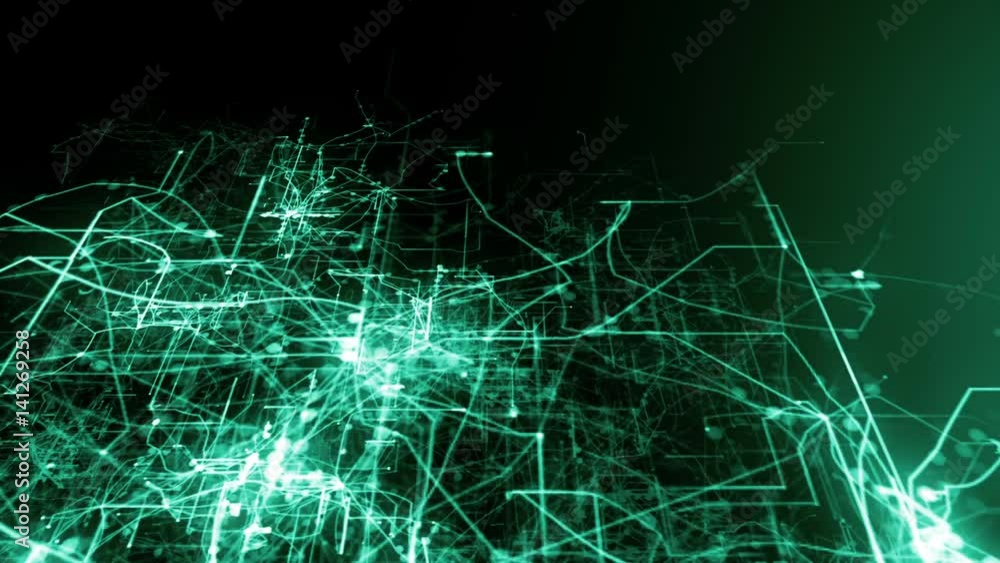 Poster light green lines drawn by bright spots eventually create an abstract image of a circuit board.