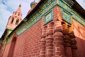 Details of decor: glazed tiles and decorative bricks. Church of Epiphany (built in 1684). Yaroslavl...