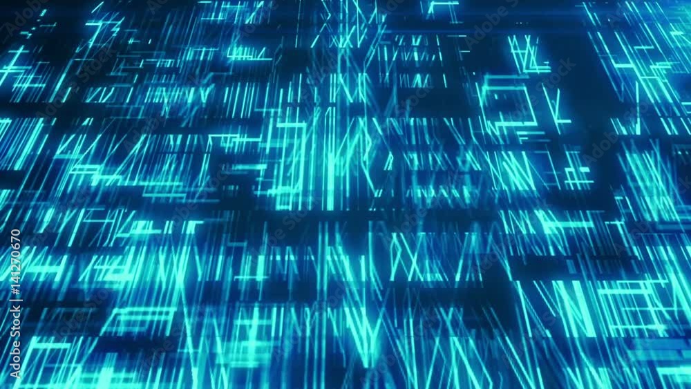 Poster light blue lines drawn by bright spots eventually create an abstract image of a circuit board.