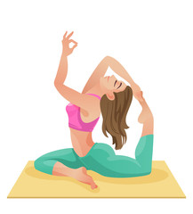Cartoon girls in asana on yoga mat.